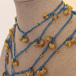 Handcrafted Traditional Boncuk Oya Beaded Turquoise and Gold Necklace